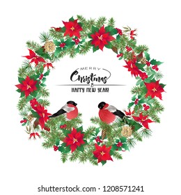 Christmas wreath of spruce, pine, poinsettia, dog rose, mistletoe and bullfinches. With Merry Christmas and Happy New Year lettering. Colored vector illustration. Isolated on white background.
