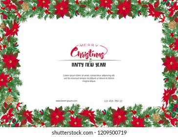 Christmas wreath of spruce, pine, poinsettia, dog rose, cowberry, mistletoe. With Merry Christmas and Happy New Year lettering. Colored vector illustration. Isolated on white background.
