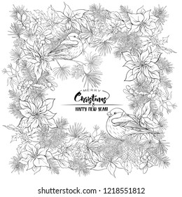Christmas wreath of spruce, pine, poinsettia, dog rose and bullfinch. With Merry Christmas and Happy New Year.  Outline hand drawing vector illustration. coloring page for the adult coloring book. 

