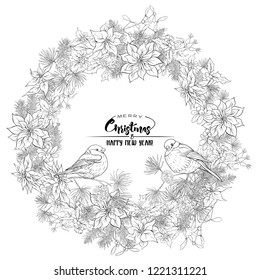 Christmas wreath of spruce, pine, poinsettia, dog rose and bullfinch. With Merry Christmas and Happy New Year.  Outline hand drawing vector illustration.
