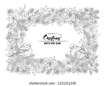 Christmas wreath of spruce, pine, poinsettia, dog rose and bullfinch. With Merry Christmas and Happy New Year.  Outline hand drawing vector illustration. 
