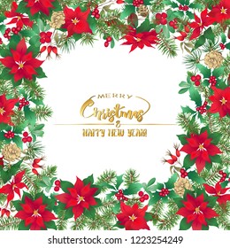 Christmas wreath of spruce, pine, poinsettia, dog rose, cowberry, mistletoe. With Merry Christmas and Happy New Year lettering. Colored vector illustration. Isolated on white background.
