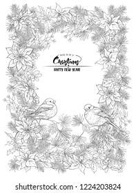 Christmas wreath of spruce, pine, poinsettia, dog rose and bullfinch. With Merry Christmas and Happy New Year.  Outline hand drawing vector illustration. Сoloring page for the adult coloring book. 

