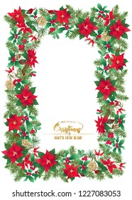 Christmas wreath of spruce, pine, poinsettia, dog rose, cowberry, mistletoe. With Merry Christmas and Happy New Year lettering. Colored vector illustration. Isolated on white background.
