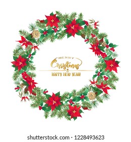 Christmas wreath of spruce, pine, poinsettia, dog rose, cowberry, mistletoe. With Merry Christmas and Happy New Year lettering. Colored vector illustration. Isolated on white background.
