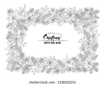 Christmas wreath of spruce, pine, poinsettia, dog rose. With Merry Christmas and Happy New Year lettering.  Outline hand drawing vector illustration. Ñoloring page for the adult coloring book. 


