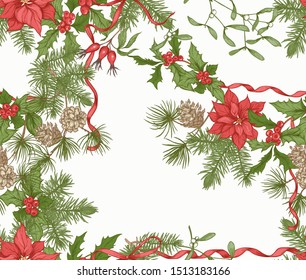 Christmas wreath of spruce, pine, poinsettia, dog rose, cowberry, cranberry, mistletoe, fir. Seamless pattern, background. Graphic drawing, engraving style. Vector illustration.	