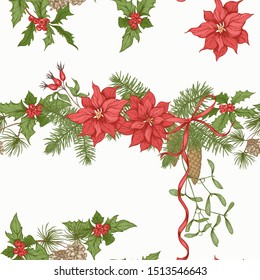 Christmas wreath of spruce, pine, poinsettia, dog rose, cowberry, cranberry, mistletoe, fir. Seamless pattern, background. Graphic drawing, engraving style. Vector illustration.	