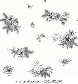 Christmas wreath of spruce, pine, poinsettia, dog rose, cowberry, cranberry, mistletoe, fir. Seamless pattern, background. Graphic drawing, engraving style. Vector illustration.	