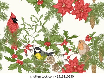 Christmas wreath of spruce, pine, poinsettia with winter birds: robin, cardinal, tit. Seamless pattern. Graphic drawing, engraving style. Vector illustration.	