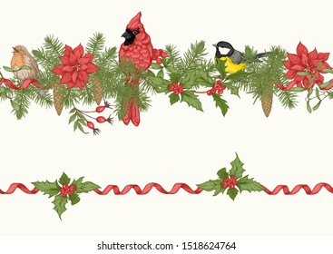 Christmas wreath of spruce, pine, poinsettia with winter birds: robin, cardinal, tit. Seamless pattern. Graphic drawing, engraving style. Vector illustration.	