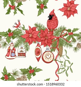 Christmas wreath of spruce, pine, poinsettia with winter birds cardinal Seamless pattern. Graphic drawing, engraving style. Vector illustration.	