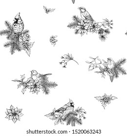 Christmas wreath of spruce, pine, poinsettia with winter birds: robin, cardinal, tit. Seamless pattern. Graphic drawing, engraving style. Vector illustration.	