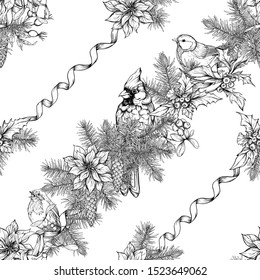 Christmas wreath of spruce, pine, poinsettia with winter birds: robin, cardinal. Seamless pattern. Graphic drawing, engraving style. Vector illustration.	