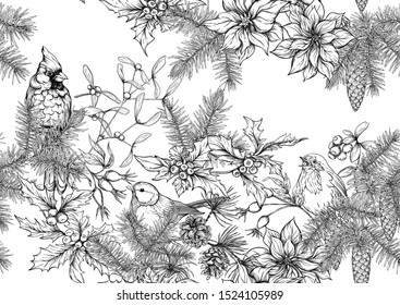 Christmas wreath of spruce, pine, poinsettia with winter birds: robin, cardinal, tit. Seamless pattern. Graphic drawing, engraving style. Vector illustration.	