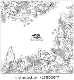 Christmas wreath of spruce, pine, poinsettia, dog rose, cowberry, cranberry, mistletoe, fir, winter birds. Coloring page for the adult coloring book. Outline hand drawing vector illustration.	