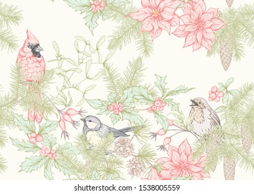 Christmas wreath of spruce, pine, poinsettia with winter birds: robin, cardinal, tit. Seamless pattern. Graphic drawing, engraving style. Vector illustration.	