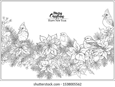 Christmas wreath of spruce, pine, poinsettia, dog rose, cowberry, cranberry, mistletoe, fir, winter birds. Coloring page for the adult coloring book. Outline hand drawing vector illustration.	