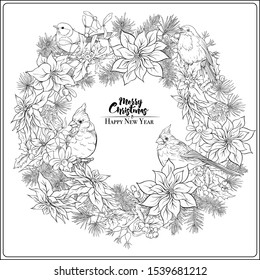 Christmas wreath of spruce, pine, poinsettia, dog rose, cowberry, cranberry, mistletoe, fir, winter birds. Coloring page for the adult coloring book. Outline hand drawing vector illustration.	