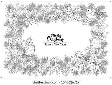 Christmas wreath of spruce, pine, poinsettia, dog rose, cowberry, cranberry, mistletoe, fir, winter birds. Coloring page for the adult coloring book. Outline hand drawing vector illustration.	