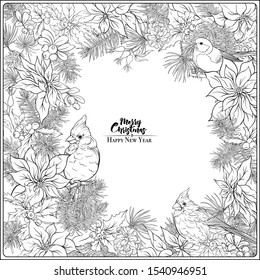 Christmas wreath of spruce, pine, poinsettia, dog rose, cowberry, cranberry, mistletoe, fir, winter birds. Coloring page for the adult coloring book. Outline hand drawing vector illustration.	