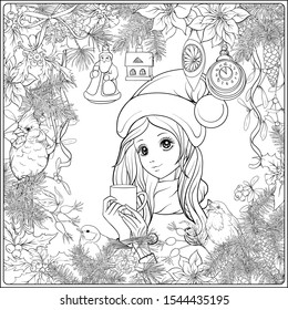 Christmas wreath of spruce, pine, poinsettia, winter birds and beautiful young girl in a hat. Coloring page for the adult coloring book. Outline hand drawing vector illustration..