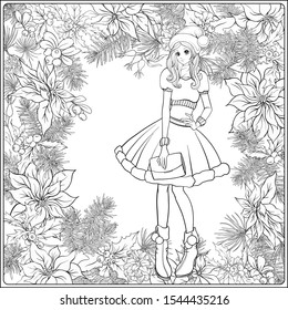 Christmas wreath of spruce, pine, poinsettia, winter birds and beautiful young girl in a hat. Coloring page for the adult coloring book. Outline hand drawing vector illustration..