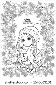 Christmas wreath of spruce, pine, poinsettia, winter birds and beautiful young girl in a hat. Coloring page for the adult coloring book. Outline hand drawing vector illustration..