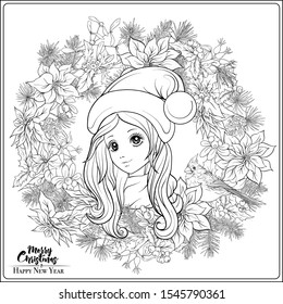 Christmas wreath of spruce, pine, poinsettia, winter birds and beautiful young girl in a hat. Coloring page for the adult coloring book. Outline hand drawing vector illustration..