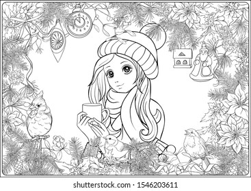 Christmas wreath of spruce, pine, poinsettia, winter birds and beautiful young girl in a hat. Coloring page for the adult coloring book. Outline hand drawing vector illustration..