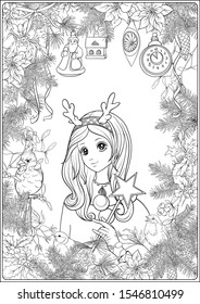 Christmas wreath of spruce, pine, poinsettia, winter birds and beautiful young girl in a hat. Coloring page for the adult coloring book. Outline hand drawing vector illustration..