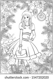 Christmas wreath of spruce, pine, poinsettia, winter birds and beautiful young girl in a hat. Coloring page for the adult coloring book. Outline hand drawing vector illustration..