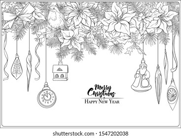 Christmas wreath of spruce, pine, poinsettia, winter birds and vintage decoration. Coloring page for the adult coloring book. Outline hand drawing vector illustration..