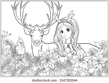 Christmas wreath of spruce, pine, poinsettia, winter bird, deer and nice girl in hat. Coloring page for the adult coloring book. Outline hand drawing vector illustration..