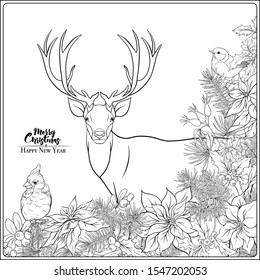 Christmas wreath of spruce, pine, poinsettia, dog rose, cowberry, cranberry, mistletoe, winter birds and deer. Coloring page for the adult coloring book. Outline hand drawing vector illustration..