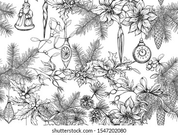 Christmas wreath of spruce, pine, poinsettia with vintage decorations. Seamless pattern. Graphic drawing, engraving style. Vector illustration