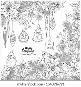 Christmas wreath of spruce, pine, poinsettia, winter birds and vintage decoration. Coloring page for the adult coloring book. Outline hand drawing vector illustration..