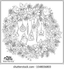 Christmas wreath of spruce, pine, poinsettia, winter birds and vintage decoration. Coloring page for the adult coloring book. Outline hand drawing vector illustration..