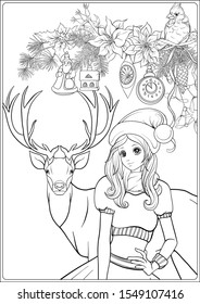 Christmas wreath of spruce, pine, poinsettia, winter bird, deer and nice girl in hat. Coloring page for the adult coloring book. Outline hand drawing vector illustration..