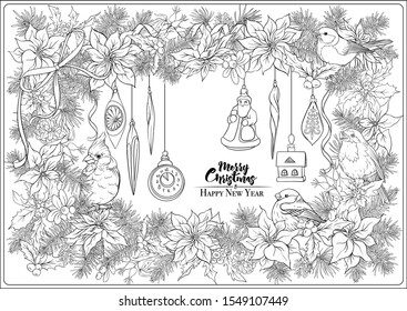 Christmas wreath of spruce, pine, poinsettia, winter birds and vintage decoration. Coloring page for the adult coloring book. Outline hand drawing vector illustration..