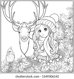 Christmas wreath of spruce, pine, poinsettia, winter bird, deer and nice girl in hat. Coloring page for the adult coloring book. Outline hand drawing vector illustration..