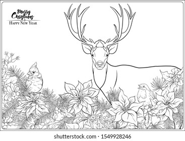 Christmas wreath of spruce, pine, poinsettia, dog rose, cowberry, cranberry, mistletoe, winter birds and deer. Coloring page for the adult coloring book. Outline hand drawing vector illustration..