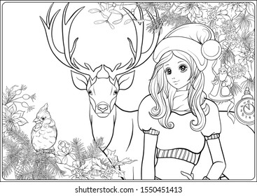 Christmas wreath of spruce, pine, poinsettia, winter bird, deer and nice girl in hat. Coloring page for the adult coloring book. Outline hand drawing vector illustration..