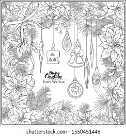 Christmas wreath of spruce, pine, poinsettia, winter birds and vintage decoration. Coloring page for the adult coloring book. Outline hand drawing vector illustration..