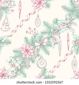 Christmas wreath of spruce, pine, poinsettia, dog rose, cowberry, cranberry, mistletoe, fir with vintage decorations. Seamless pattern. Graphic drawing engraving style. Vector illustration