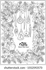 Christmas wreath of spruce, pine, poinsettia, winter birds and vintage decoration. Coloring page for the adult coloring book. Outline hand drawing vector illustration..