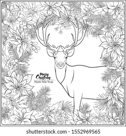 Christmas wreath of spruce, pine, poinsettia, dog rose, cowberry, cranberry, mistletoe, fir, winter birds and deer. Coloring page for the adult coloring book. Outline hand drawing vector illustration