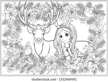 Christmas wreath of spruce, pine, poinsettia, winter bird, deer and nice girl in hat. Coloring page for the adult coloring book. Outline hand drawing vector illustration..