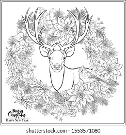 Christmas wreath of spruce, pine, poinsettia, dog rose, cowberry, cranberry, mistletoe, winter birds and deer. Coloring page for the adult coloring book. Outline hand drawing vector illustration..