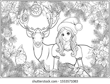 Christmas wreath of spruce, pine, poinsettia, winter bird, deer and nice girl in hat. Coloring page for the adult coloring book. Outline hand drawing vector illustration..